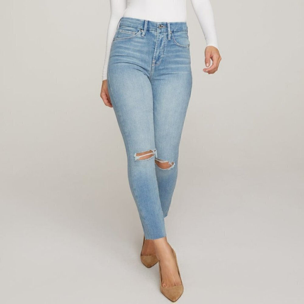 Good American Waist raw frayed jeans high rise skinny knee distress new 26 2